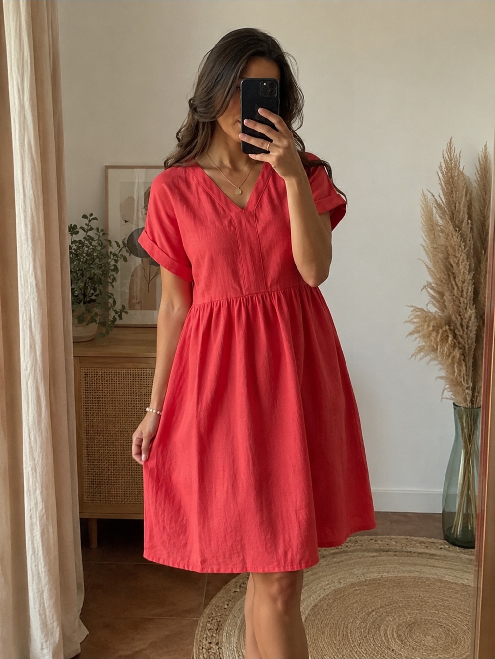 BRIGGS Linen Blend Coral Red Midi Dress Size M NWT